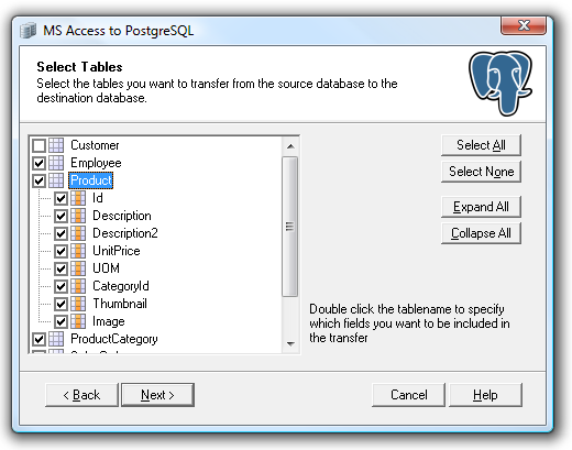 Select the source tables to transfer to your PostgreSQL database.